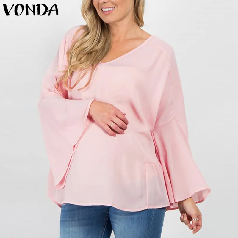 VONDA Maternity Летняя женская шифоновая рубашка для беременных с расклешенными рукавами и v-образным вырезом, Повседневная Свободная блузка для беременных, топы размера плюс