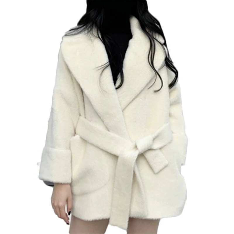 

Fur Coat Women Winter Lamb Fur Coat Women's Jacket Loose Belt Warm Long Coat Oversize fur Coat FC1