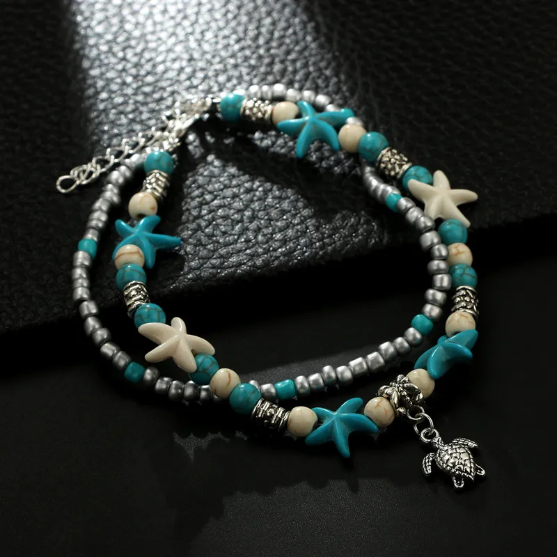 Богемная черепаха пляж зеленый стон Кулон ножной браслет двойной Раковины