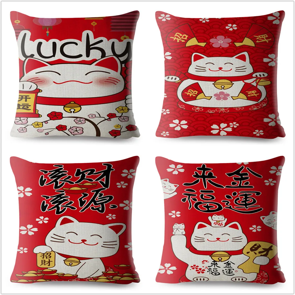 Новый год с изображением из мультфильма Lucky Cat наволочка принтом 45*45 см льняные