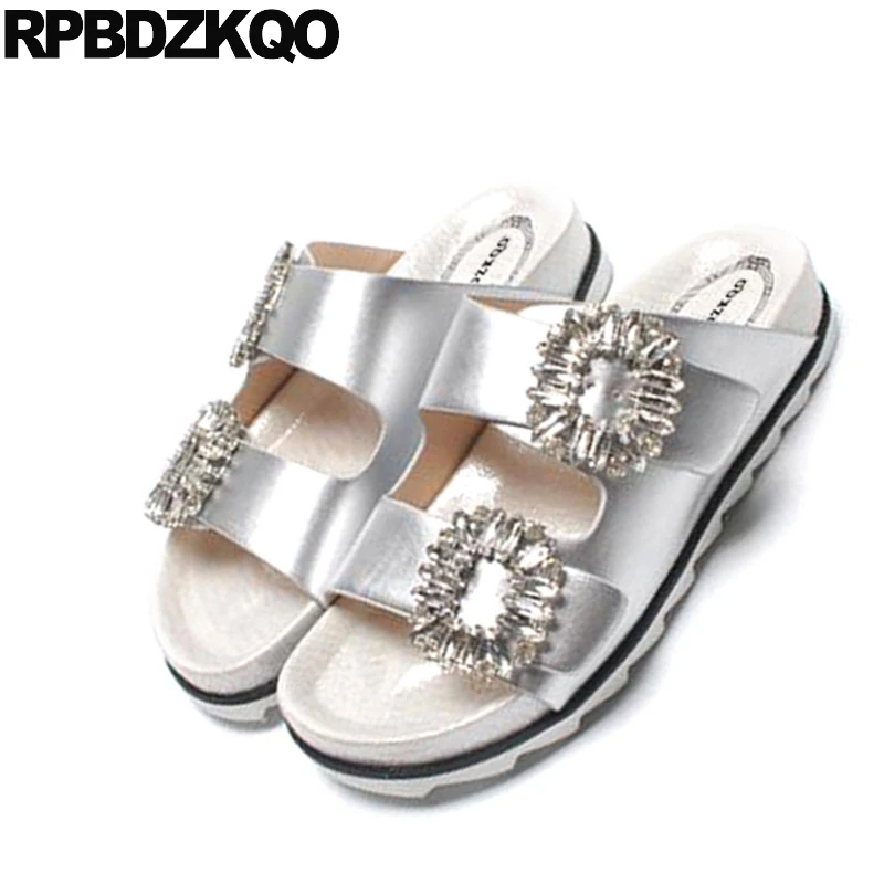 Sandals Slipper Jewel Diamond Rhinestone Slides Famous Brand Flat Crystal Burgundy Satin Designer Shoes Women Luxury 2021 Silver | Обувь