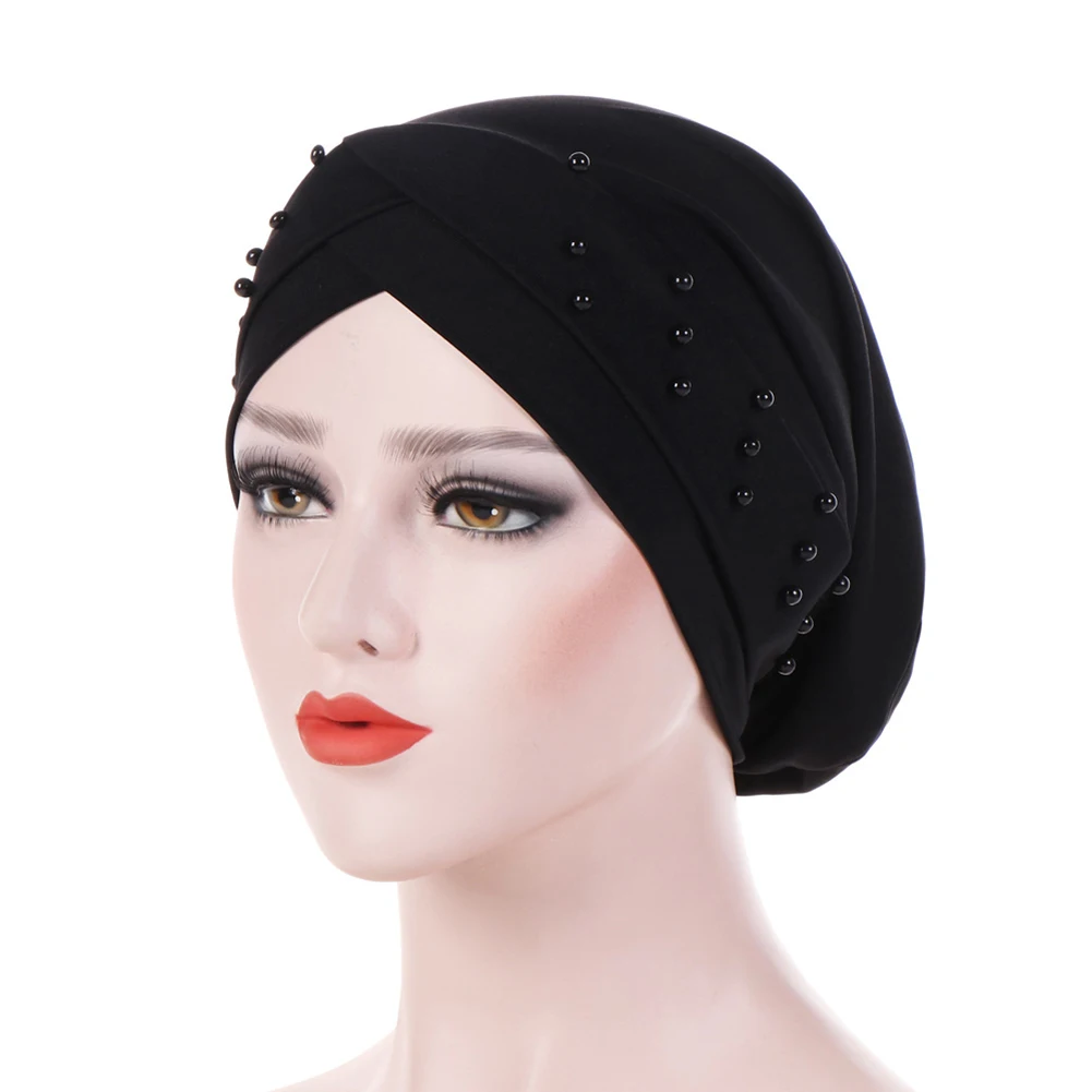 

pink Stretch Cotton Female Caps Forehead Cross Turban Hat Women Bandana Beaded Headwear haarband Cap Girl Hair Accessories