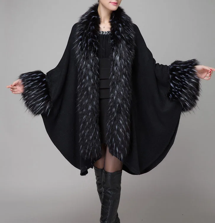 Women's Winter Cape Coat Black Shaggy Cuff and Front Warm Outerwear | Женская одежда