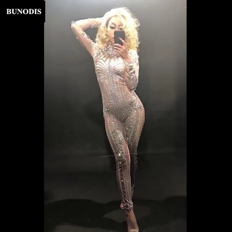 ZD194 Women Big Glass Diamond Jumpsuit Full of Sparkling Rhinestones Bodysuit Nightsulbe Stage Wear Costume Singer Dancer