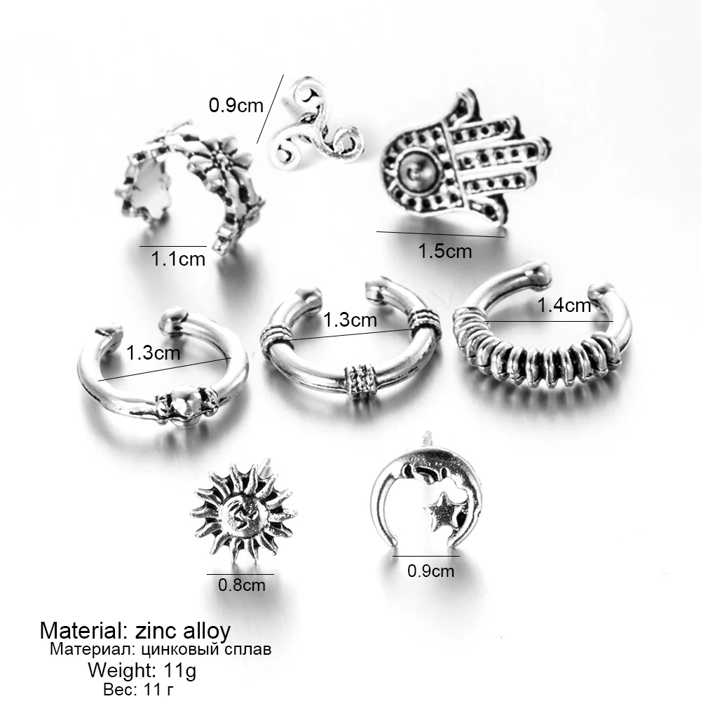 

Vienkim 8 Pcs/ Set Ethnic Jewelry Vintage Sculpture Flower Ear Clip Bohemian Sun Moon Stars Earrings For Women Earring Jewlery