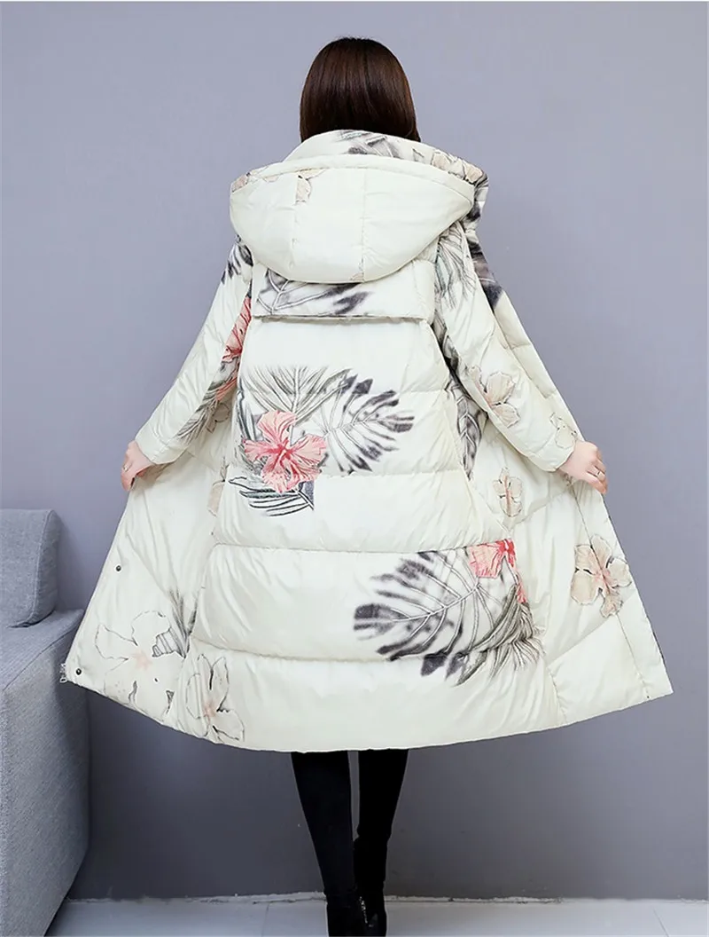 Winter Long Jacket Coat Women Parkas Thicken Warm Vintage Print Down Cotton Jacket Large Size Hooded Outerwear Female Basic Coat