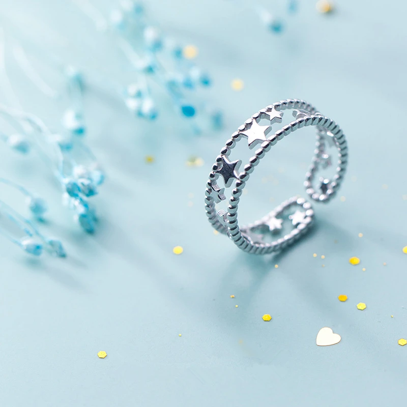 2019 реальное 925 однотонное серебряное Открытое кольцо с полыми звездами модное