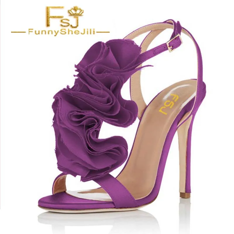 

Purple Ruffles Satin Stiletto Heel Flower Open Sandals for Prom Ladies Summer Evening Party Shoes Fashion Women Large Size FSJ