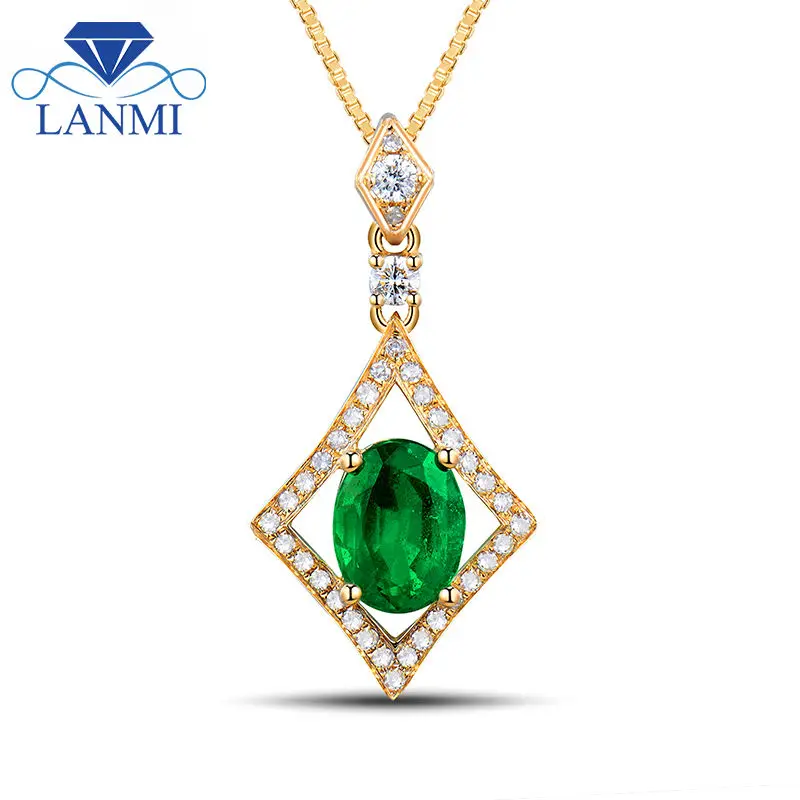 

New Fashion Women Jewelry Design Oval 6x8mm 14Kt Yellow Gold Natural Emerald Pendant Necklace Genuine Gemstone WP040