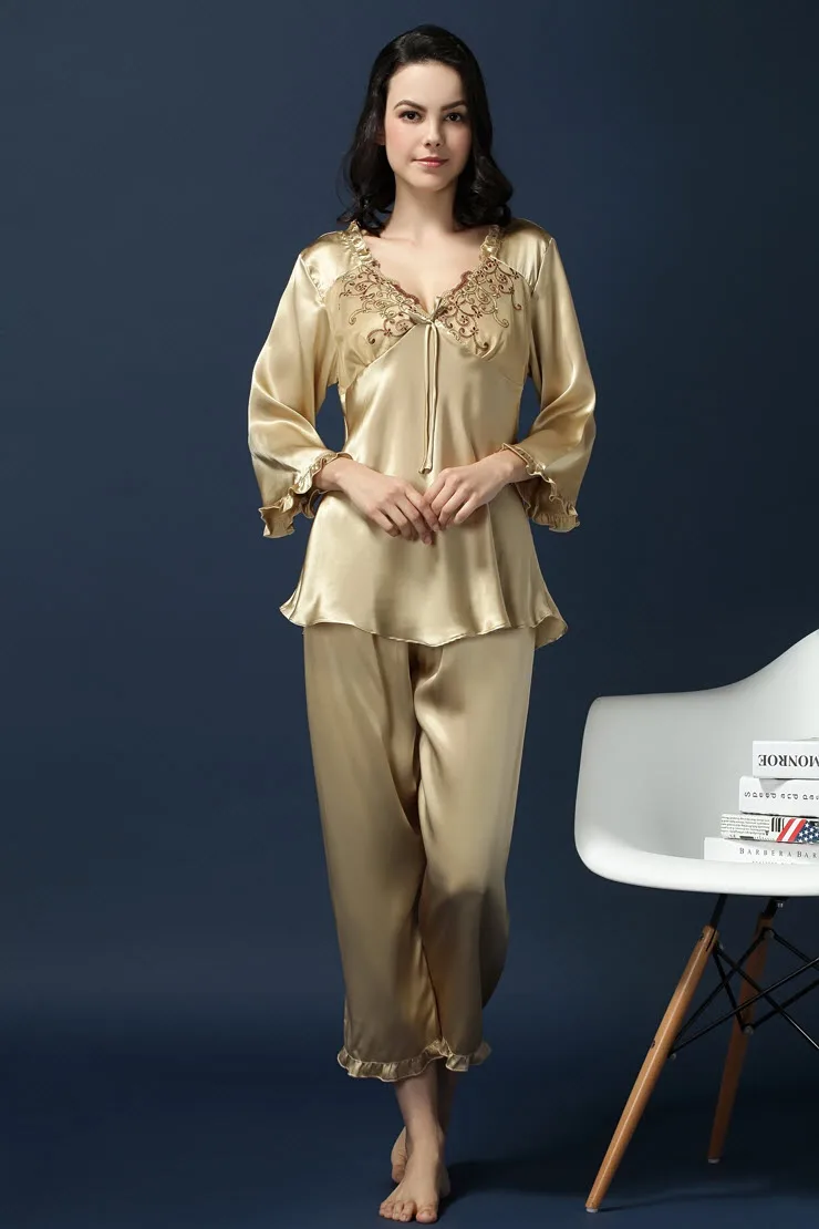 Женский пижамный комплект из двух предметов 100% шелк тутового цвета пижама