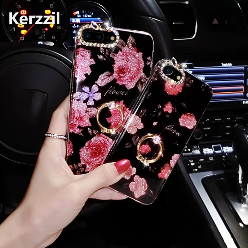 Kerzzil Vintage Rose Flowers Diamond Giltter Cover Case for iPhone 6 7 6S Stand Cases 8 Plus Hard Coque |