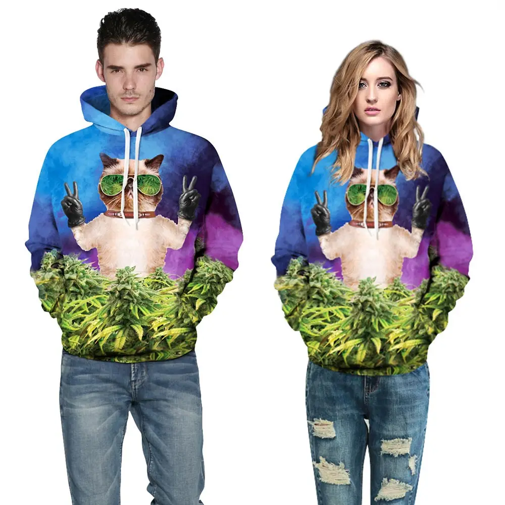 Hot Sell Men/Women Hoodies Hooded Sweatshirt Men Funny Print Meow Glasses Cat Leaves Cap Hoody Tracksuits | Мужская одежда