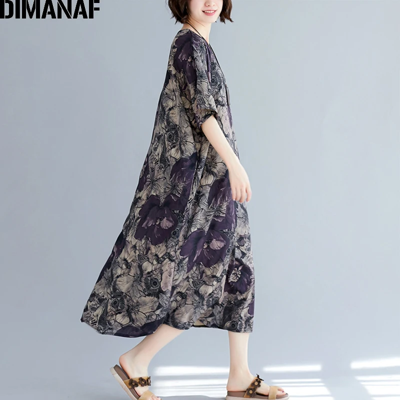 DIMANAF Oversize Women Dress Big Size Elegant Vintage Female Vestidos Print Floral Summer Sundress Loose Long Lady 2019 | Женская одежда