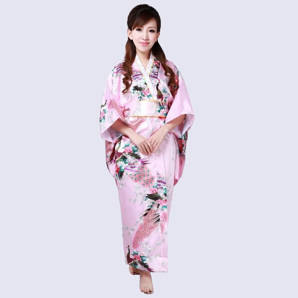 

High Quality Pink Japanese Women's Silk Rayon Kimono Traditional Yukata With Obi Evening Dress one size Mujeres Quimono H0040-B