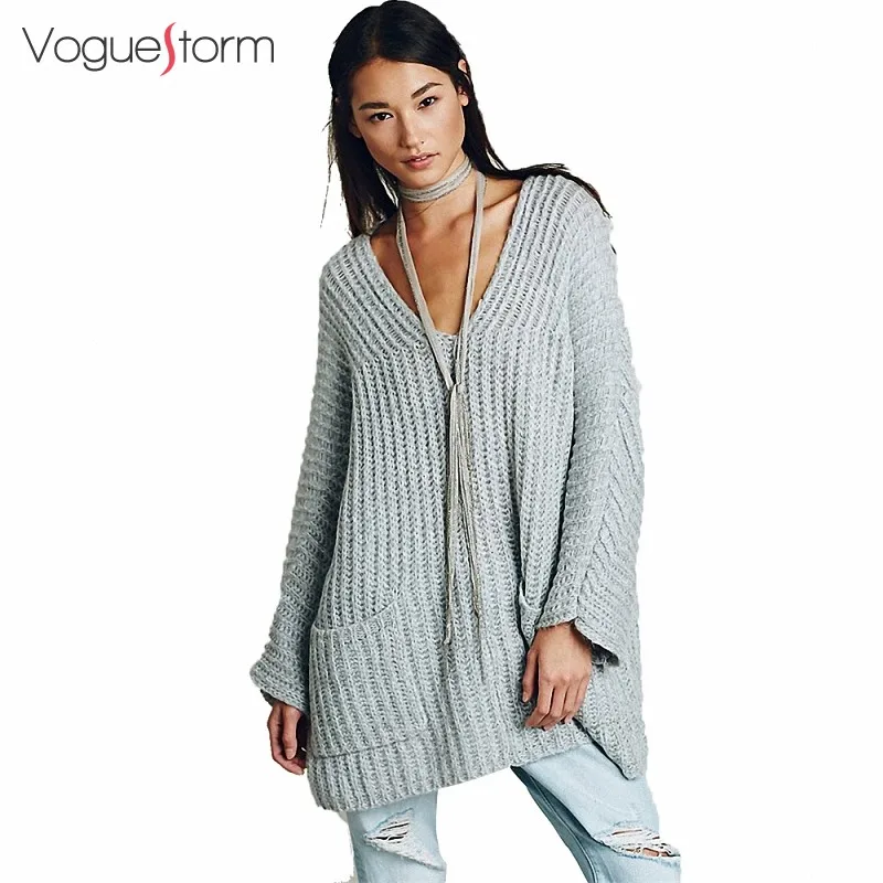 2016 Осень Новое Прибытие Свободно Плюс Размер V Шеи Женщины Пуловеры с Карманами