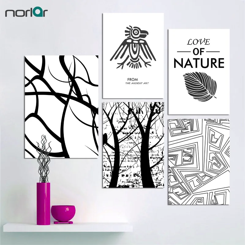 Современные скандинавские минималистичные черные белые листья дерева БОЛЬШИЕ