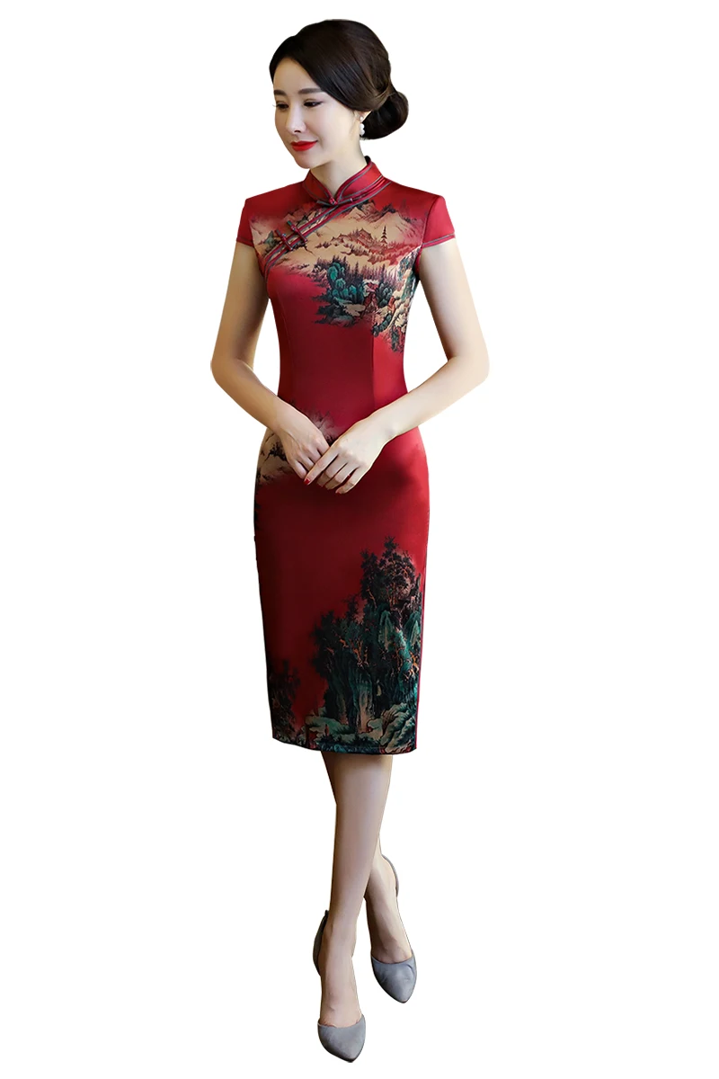 Китайское китайское платье Ципао длиной до колена в китайском стиле восточное