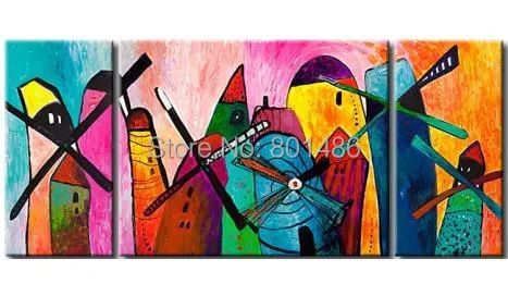 

3 Piece Canvas Wall Art - Beautiful Scenery of Windmill Abstract Handmade Oil Painting for Living Room Artwork Home Decor