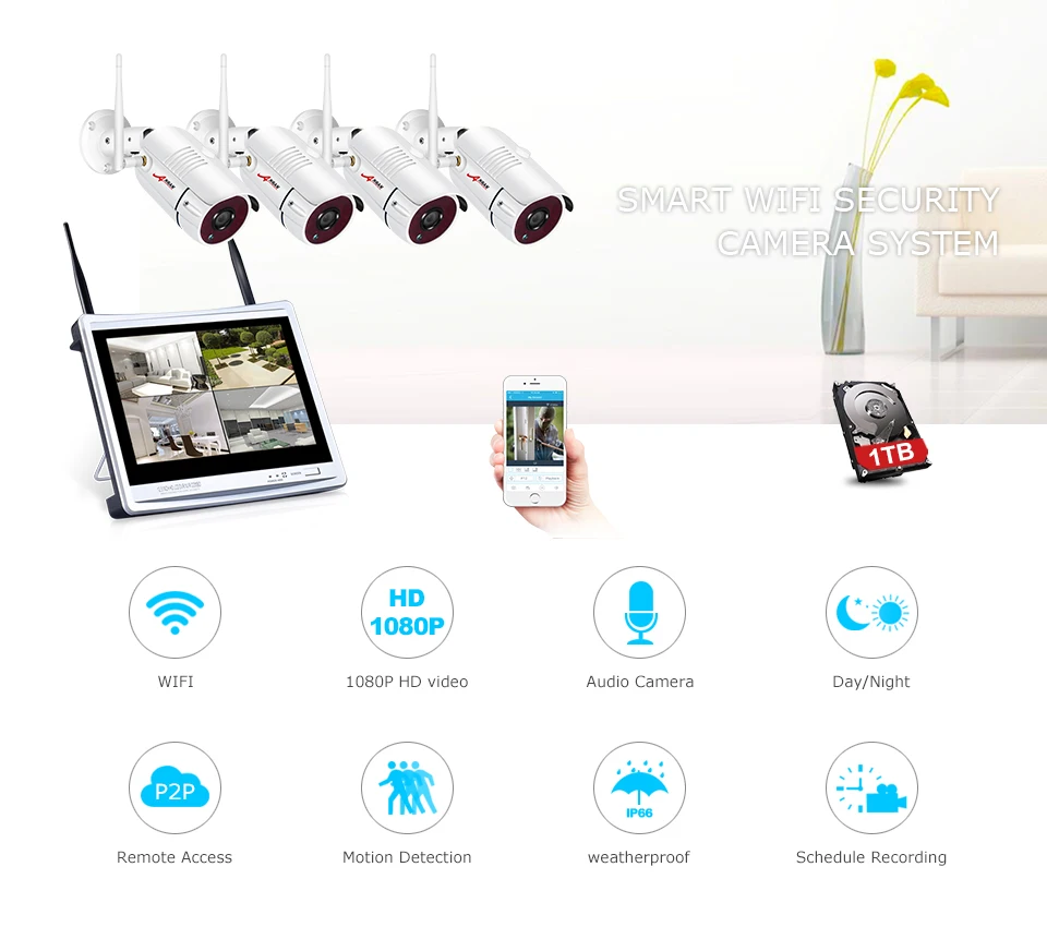 ANRAN P2P 4CH 12''LCD монитор NVR 2,0 MP 36IR Водонепроницаемая наружная пуля 1080P видео аудио IP Беспроводная камера система безопасности HDD