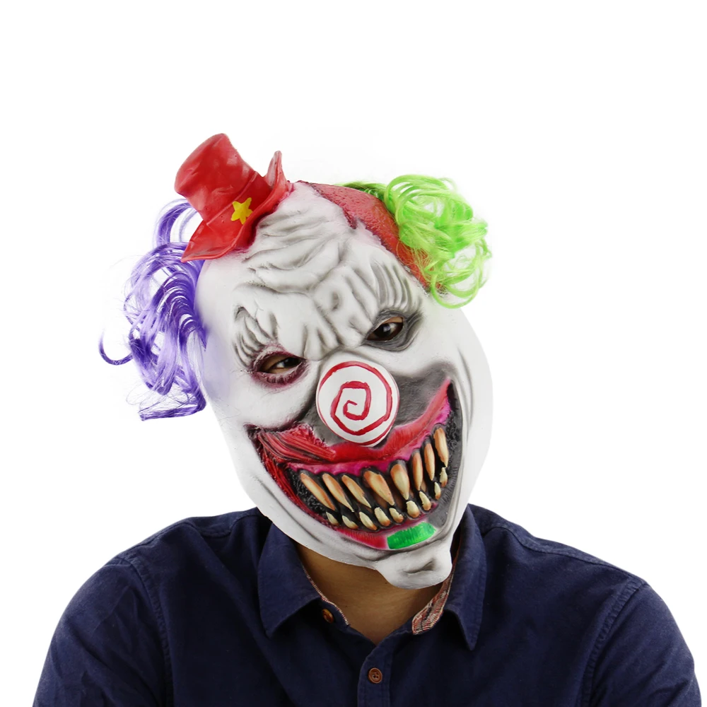 Латексная полная голова страшная зубная маска клоуна с шляпой и волосами для