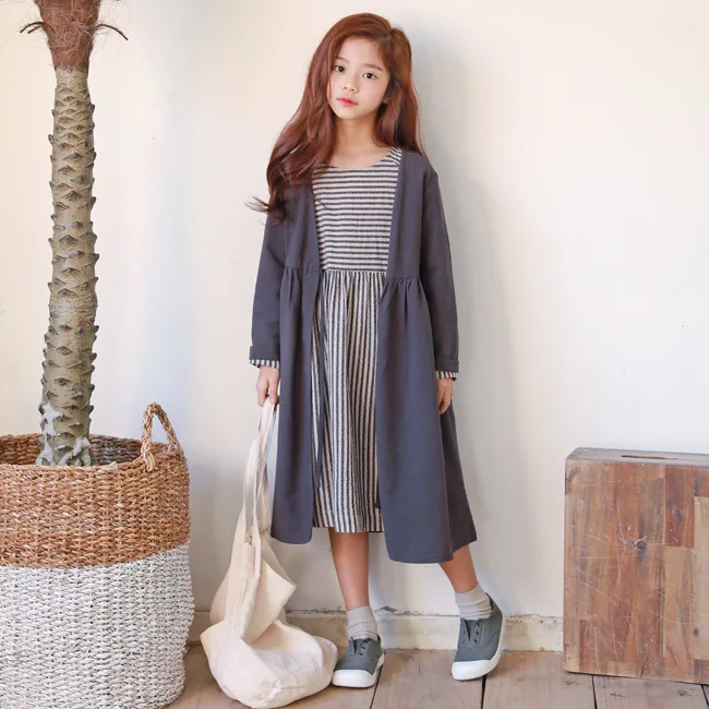 Vintage Girls Dress 2018 New Children's Striped Long-sleeved Cotton Loose The 4-15year Big Girl's Parent-child | Детская одежда