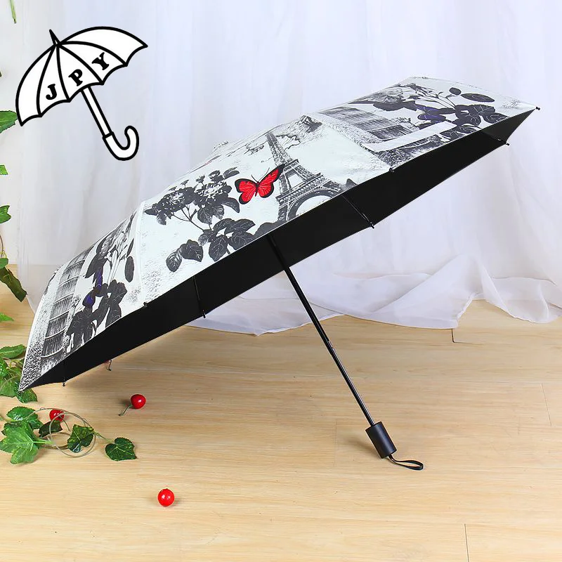 

Jiangpanyue Paris Rose Butterfly Sun Umbrella Black Coating UV Parasol Umbrella Rain Women Modest maiden ParapluieParaguas