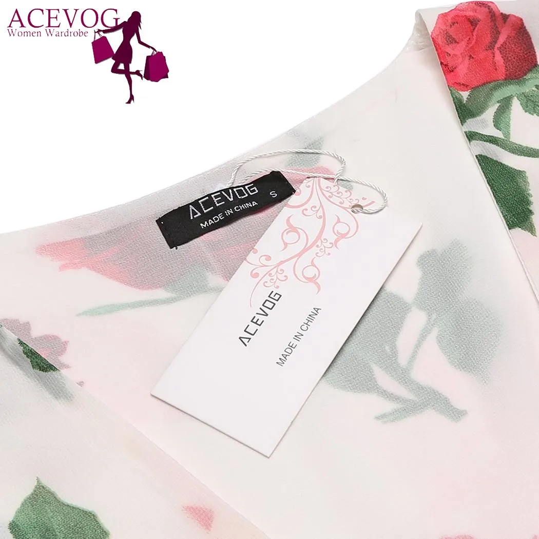 ACEVOG Women Vintage Dress Autumn Fashion V-Neck 3/4 Sleeve High Waist Floral Dresses Feminino Vestidos Femme Robe | Женская одежда