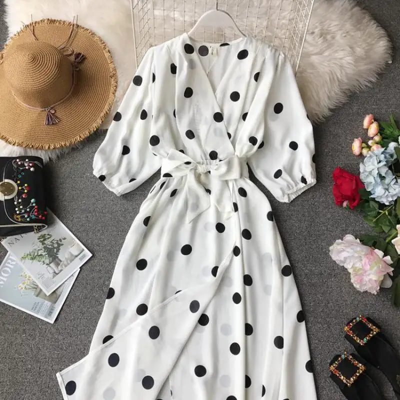 Женское пляжное Повседневное платье в горошек винтажное с длинным рукавом и v