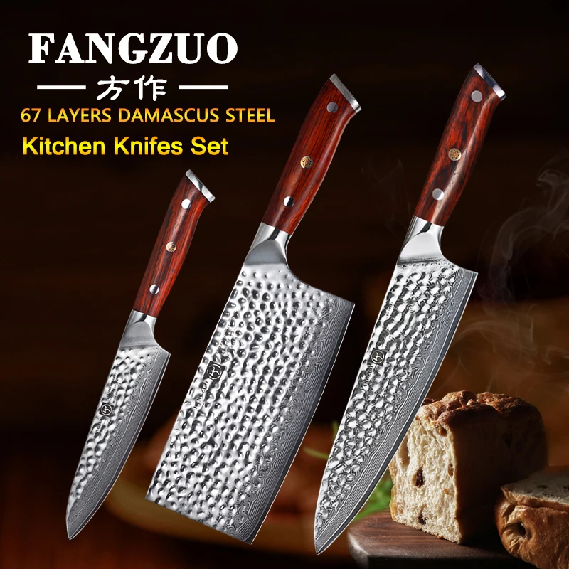 FANGZUO, дамасская сталь, высокое качество, 3 шт., набор кухонных ножей, 5 дюймов, универсальные ножи, 7 дюймов, Кливер, 8,5 дюймов, нож шеф-повара