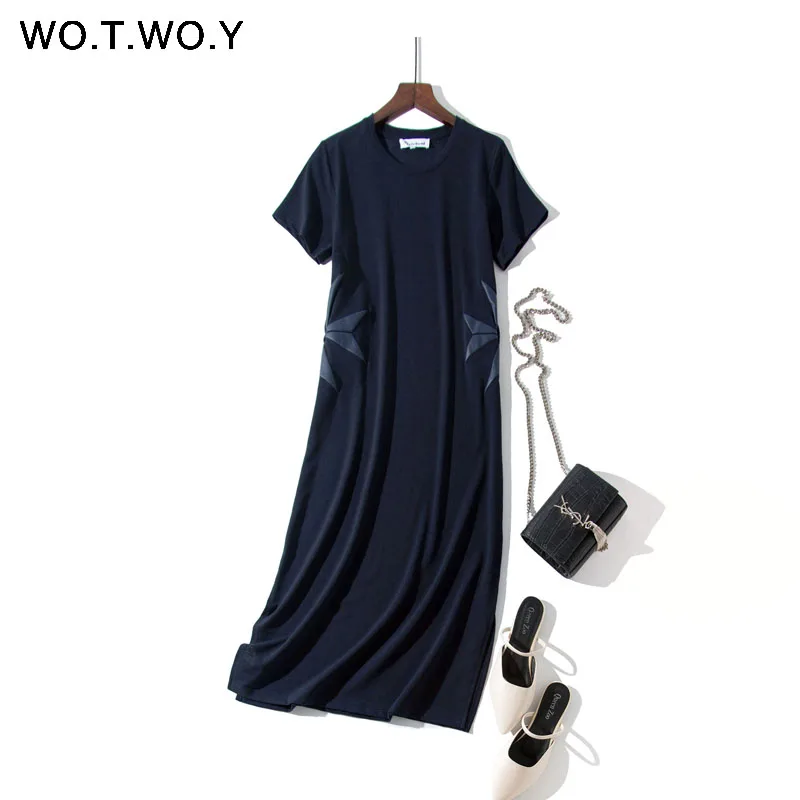8208Blue WOTWOY, летние платья с принтом, Длинные футболки, женские платья, плюс размер, темно-синие, абрикосовые, с круглым вырезом, с коротким рукавом, макси платья, повседневные женские платья - Цвет: 8208Blue