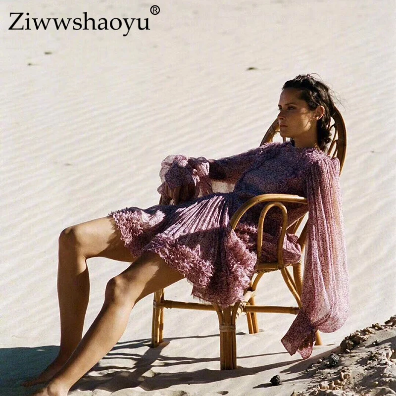 Ziwwshaoyu/новое летнее женское платье, сексуальный О-вырез, платье в богемном стиле с цветочным рисунком, шелковое пляжное мини-платье с оборками и шелковой подкладкой