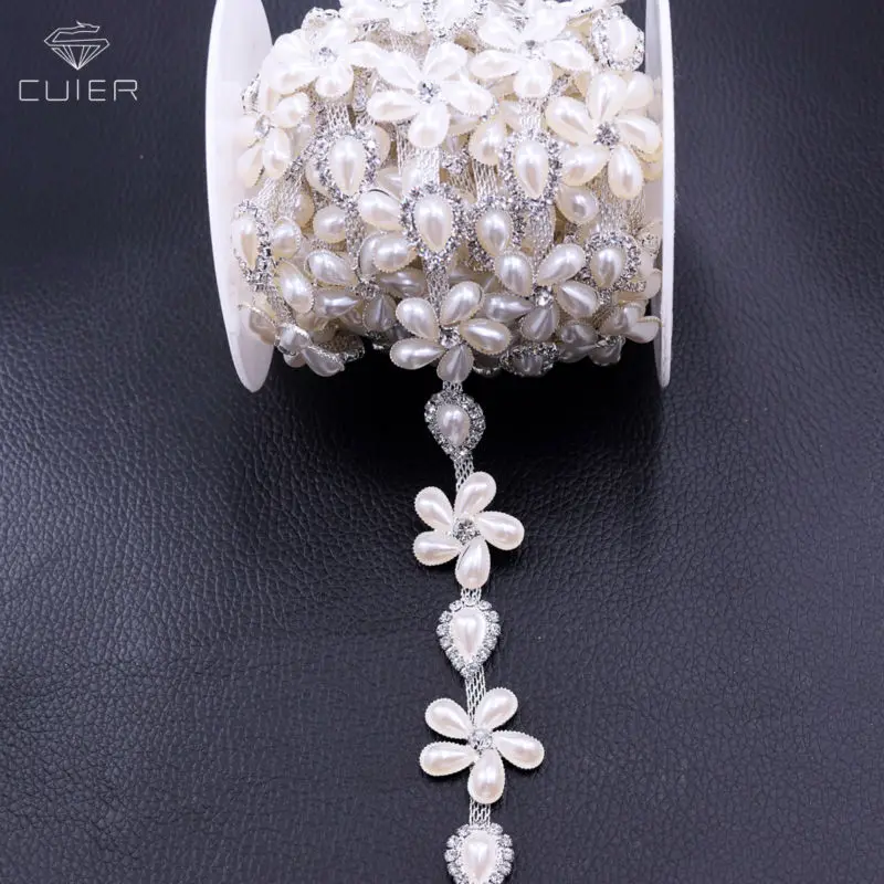 

10yards Beatiful Flower Pearl Rhinestone Trimming Silver plated Bridal Wedding dress belt Decoration Rhinestones chains Sew on