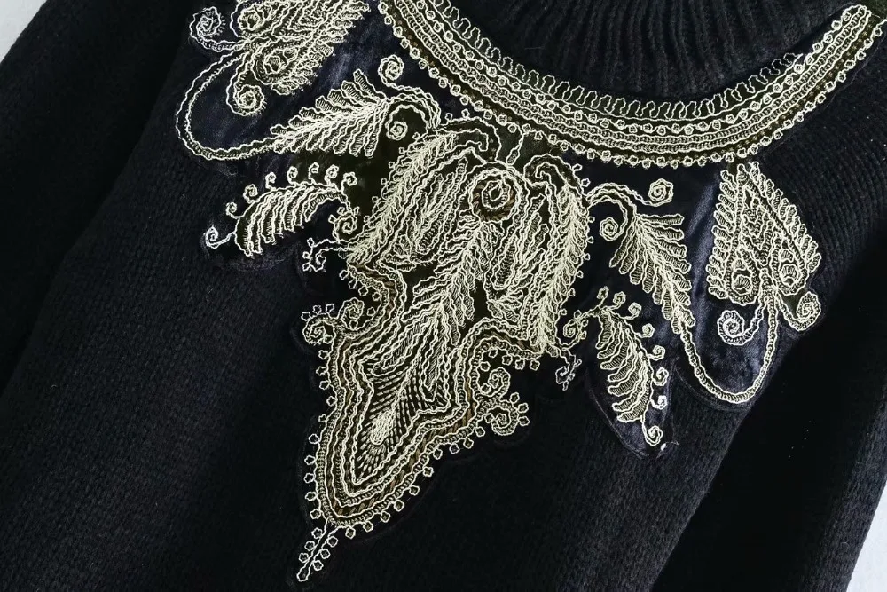 2019 women vintage lace embroidery casual black knitted sweater ladies o neck beading sweaters femme pullovers chic tops S039 | Женская