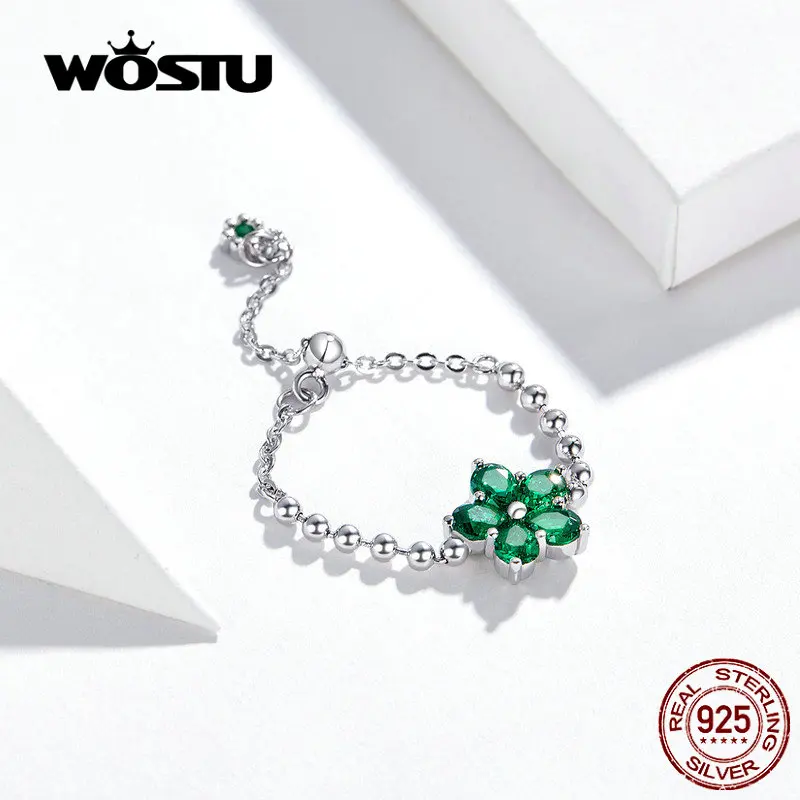 WOSTU, настоящее 925 пробы, серебряные Регулируемые кольца, уникальный зеленый цветок, CZ цепь, кольца для женщин, модное ювелирное изделие CQR532