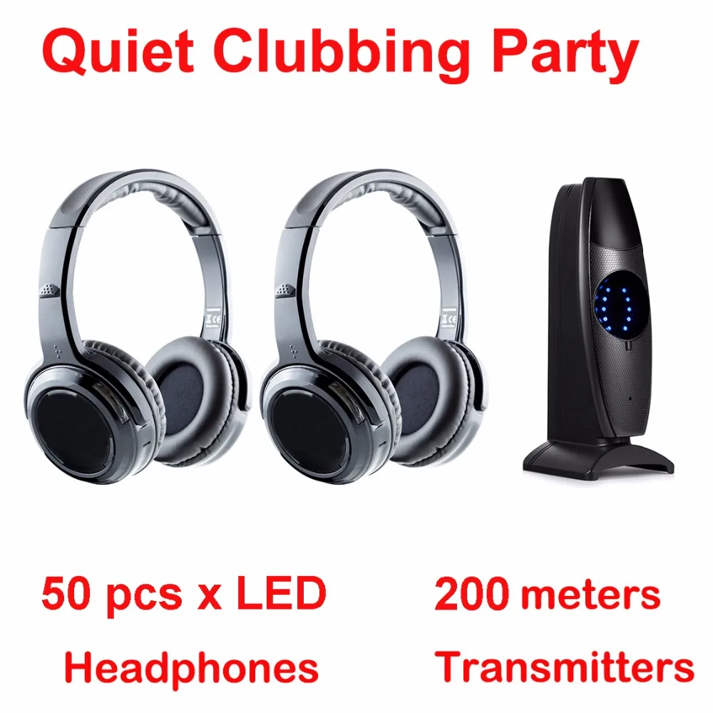 

Silent Disco complete system black led wireless headphones - Quiet Clubbing Party Bundle (50 Headphones + 1 Transmitters)