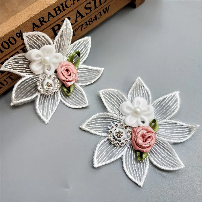 10 шт. 6 5 см белый розовый бриллиант жемчуг цветок вышивка кружевная отделка лента