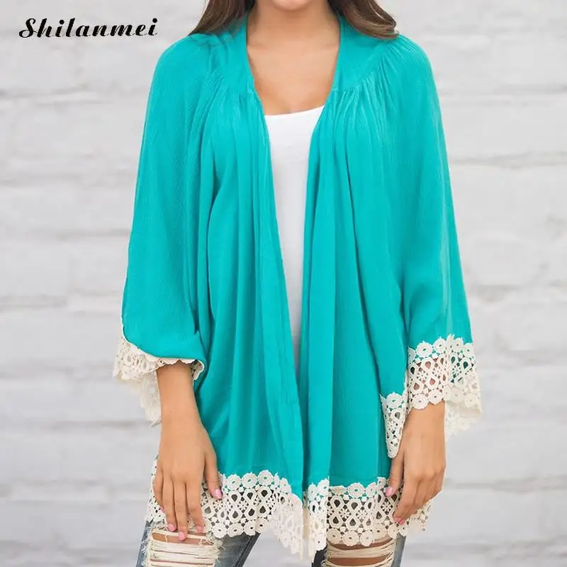 Boho Винтаж черная блузка Для женщин Кружево Куртка-кардиган осень 2017 г.