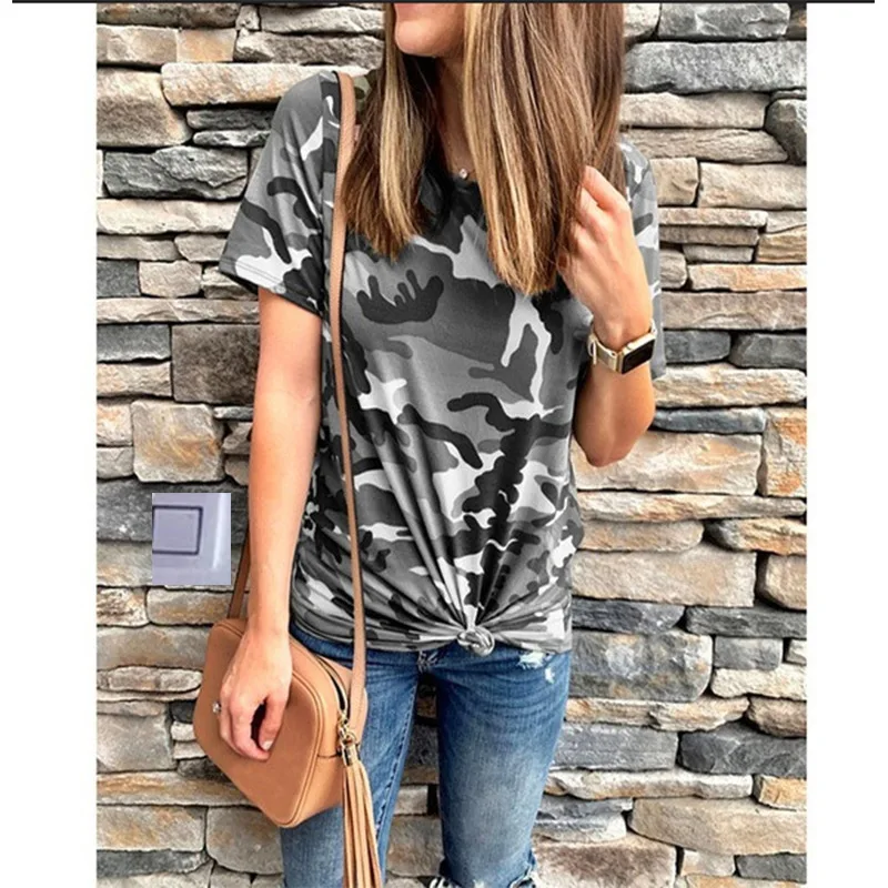 camouflage graphic tees women thanksgiving aesthetic 2021 womens shirts gothic tops punk plus size casual print o-neck Женская одежда