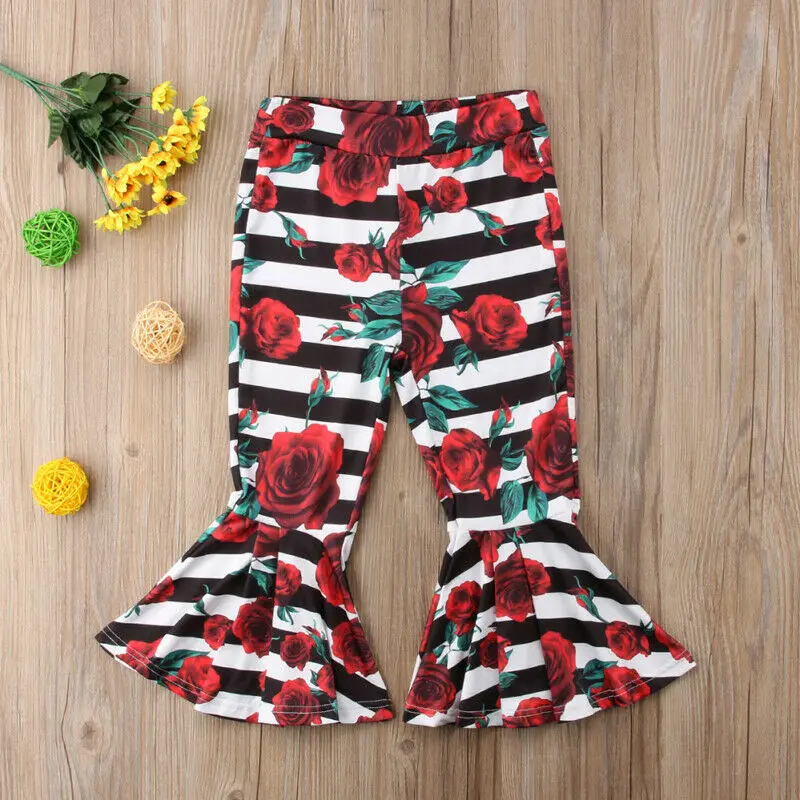 Детские брюки клеш для маленьких девочек длинные штаны в полоску с цветочным