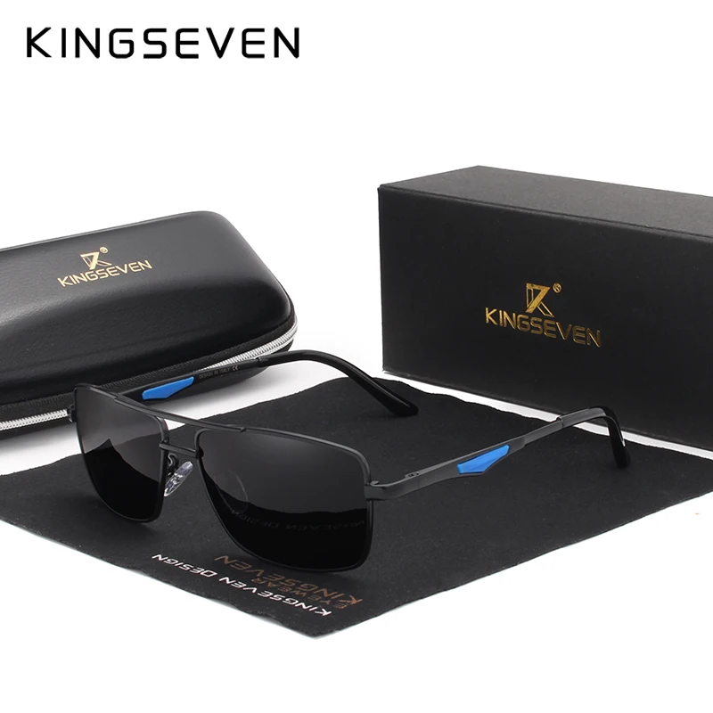 Мужские прямоугольные очки KINGSEVEN черные солнцезащитные из нержавеющей стали с