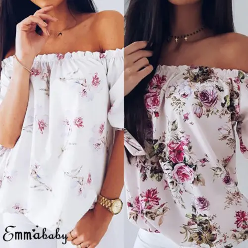 

Hirigin Womens Off Shoulder Floral Shirts Casual Loose Blouse Crop Tops Ladies Strap Cotton Holiday Party Office Blouses Shirt