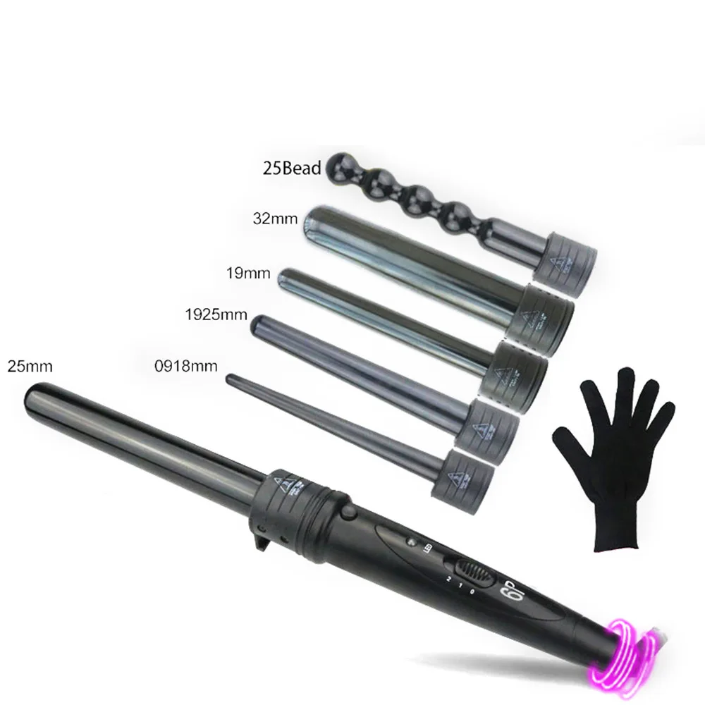6 in 1 Professional Hair Curler Interchangeable Hair Curling Irons Set With Glove