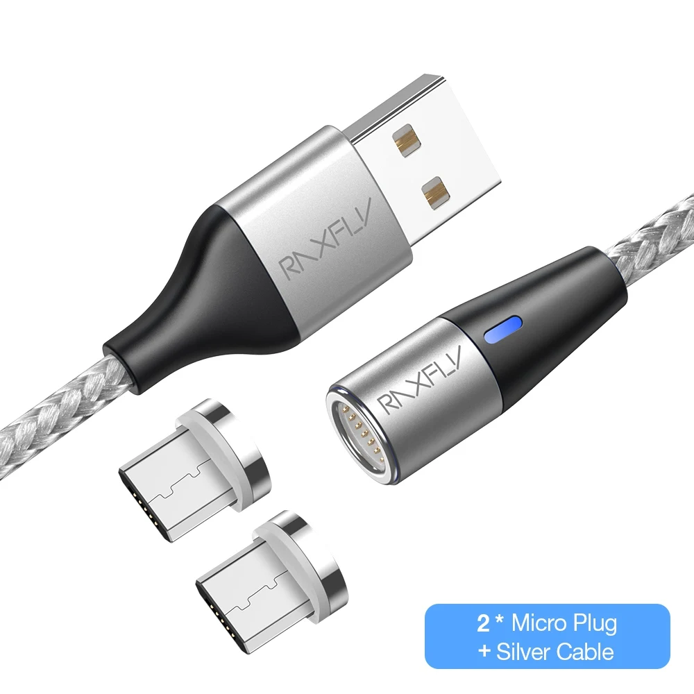 2 Plug Silver Micro RAXFLY Магнитный зарядный кабель светодиодный 1 м Магнитный зарядный провод для телефона Micro usb type C для iPhone 6 7 X Магнитный зарядный кабель - Цвет: 2 Plug Silver Micro