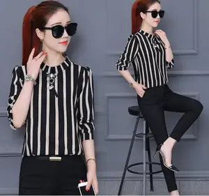Новинка, весенне-летняя блузка, тонкая рубашка с рукавами семь точек, осень 2019, свободная рубашка, Удлиненная рубашка в полоску, 1202019