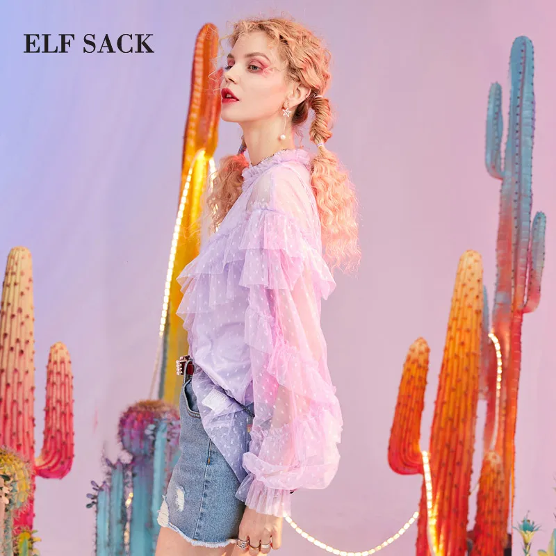ELF SACK New Summer Woman Blouse Stylish Sweet Girl's Shirts Polka Dot Mesh Women Blouses O Neck lantern Sleeve Ladies Clothing| |