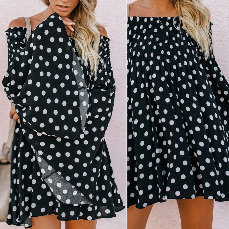 Women's Mini Dress Boat Neck Bell Long Sleeve Polka Dot Stringy Selvedge Beach Big Size S~XL | Женская одежда
