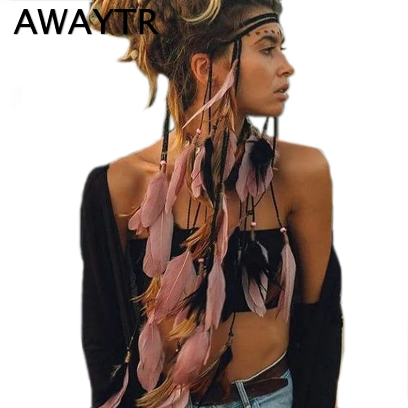 Diadema de plumas AWAYTR, corona de cuerda para mujer, accesorios para el cabello para Festival, tocados de playa de verano