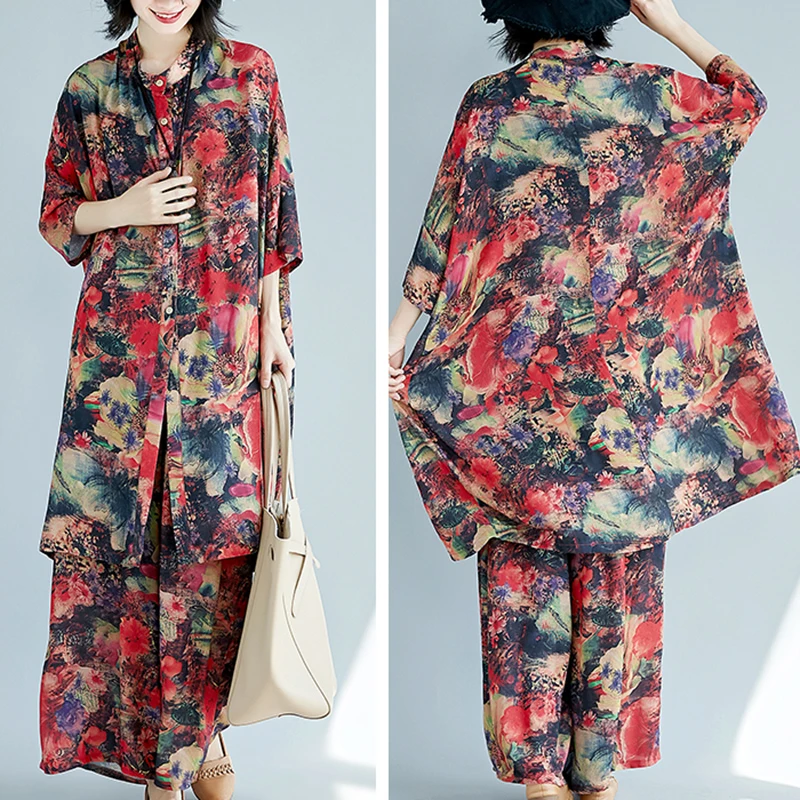 Женский комплект из 2 предметов шифоновая блузка с широкими штанинами и пляжные