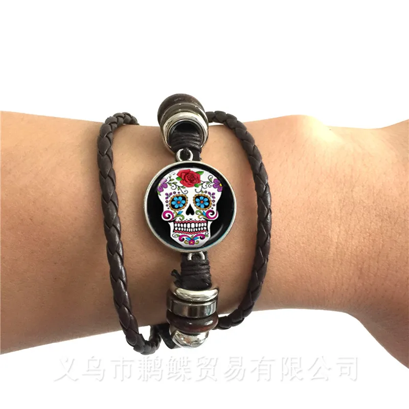 

Mexico Candycolor Skeleton Bracelet Glass Dome Bohemia Black/Brown Leather Bangle Jewelry Day of the Dead Gifts
