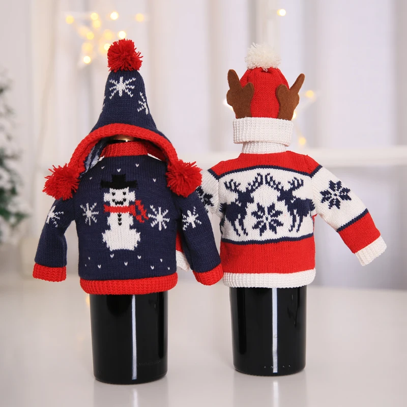 New Christmas creative knit wine bottle set restaurant decor champagne Santa hat | Дом и сад